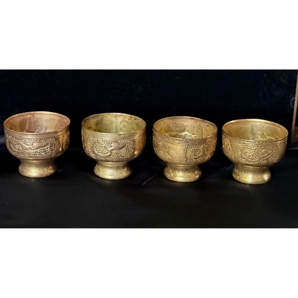 Vintage Brass Tea Set Engraved Coffee Pot & 4 Cups Moroccan Mediterranean Decor